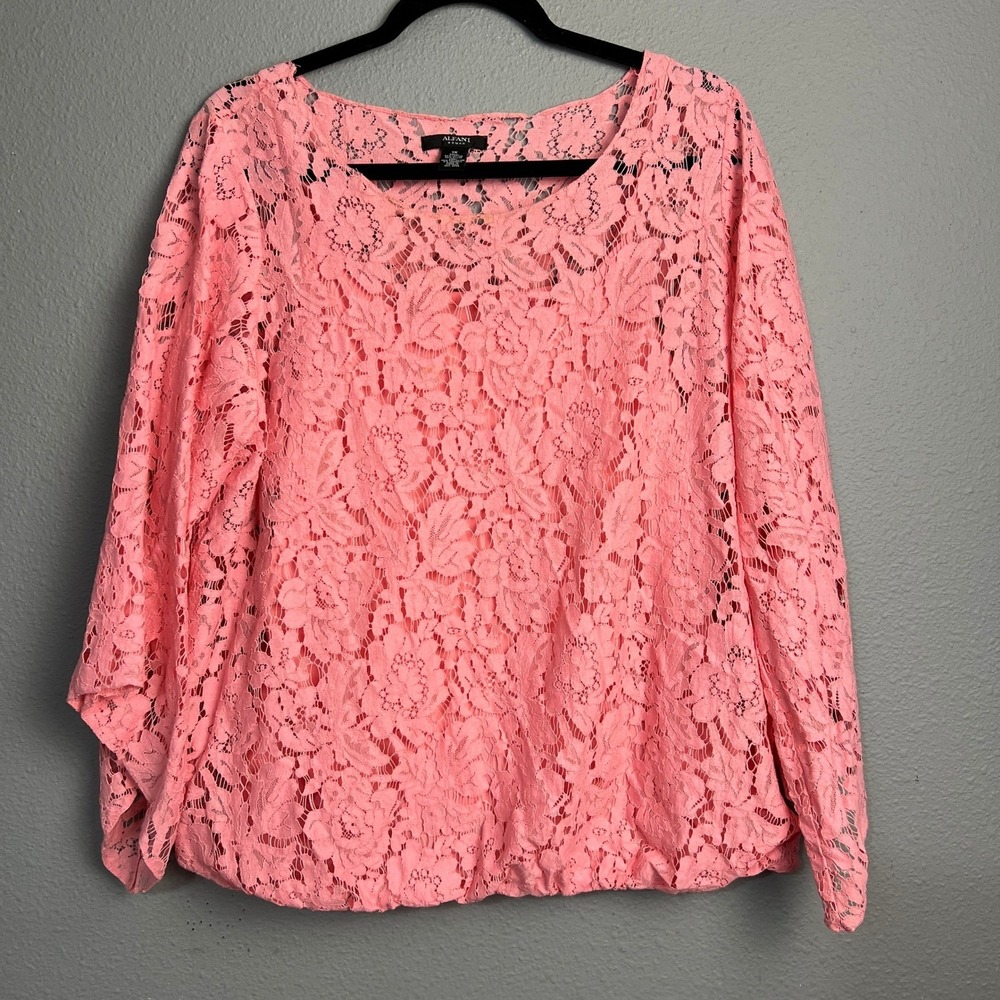 Alfani‎ Woman 1X Pink Lace Floral Overlay Blouse Long Sleeve Pullover Cami Lined